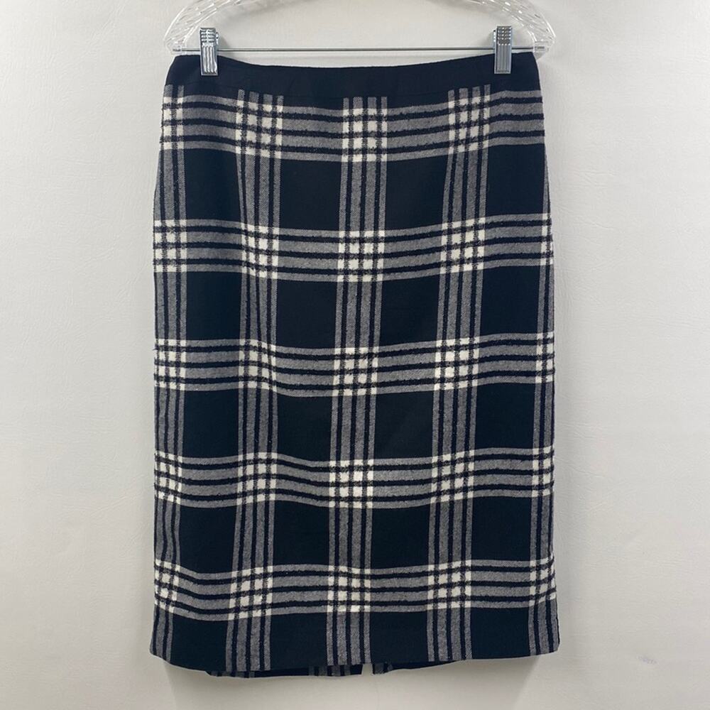 Talbots Plaid Pencil Straight Skirt‎ White Black Wool Blend Metallic Sz 12